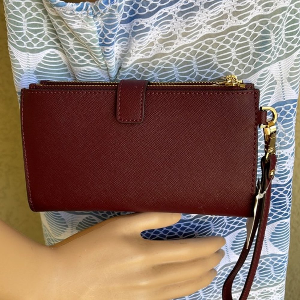Michael Kors Jet Set Travel Large Double Zip Wristlet Wallet Dark Cherry Leather - Picture 13 of 16